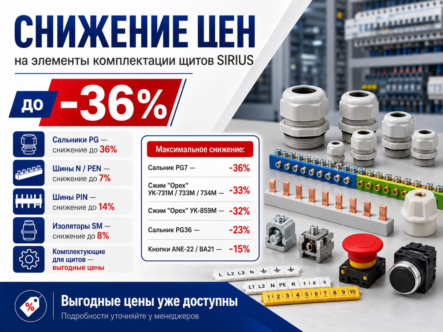 Снижение цен на элементы комплектации щитов SIRIUS